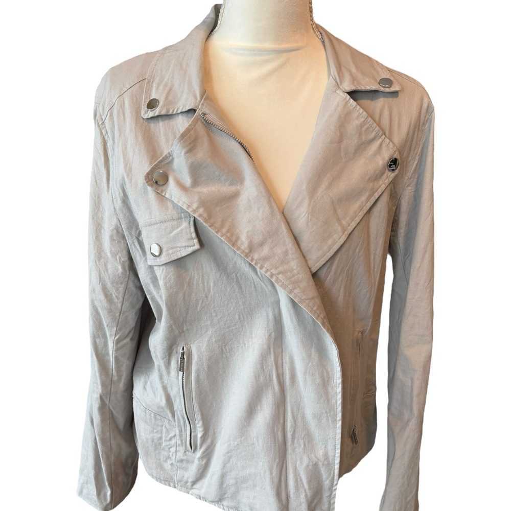 T Tahari Moto Cream Jacket Full Zip Linen Blend